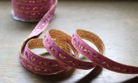 SALE!! 残１ｍ インドのリボン：フェルト＆ビーズ　ピンク・ゴールド　＜クリックポストOK＞