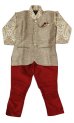 画像1: 子供用　クルタパジャマ　スーツ　１００サイズ相当（インド表記1）：ベージュ＆エンジ (1)