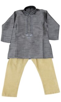 子供用　クルタパジャマ　１００サイズ相当（インド表記１）：ダークグレー＆ベージュ