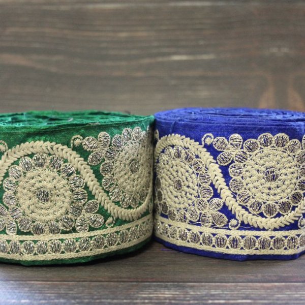 画像1: 【１０cm単位】 インド 刺繍 リボン レース：各グリーン、ブルー　＜クリックポストOK＞