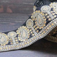 【１０cm単位】 インド 刺繍 リボン レース：ブラック 花　＜クリックポストOK＞
