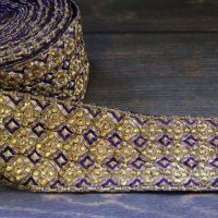 【１０cm単位】 インド 刺繍 リボン レース：パープル＆ゴールド　＜クリックポストOK＞