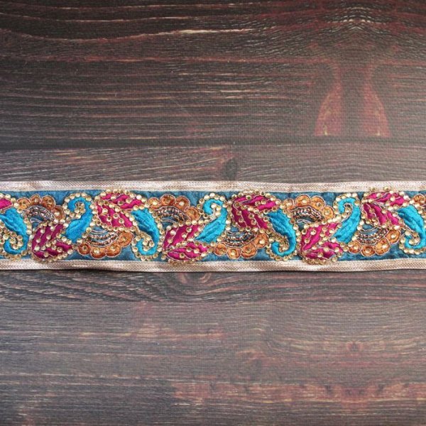 画像3: 【１０cm単位】 インド 刺繍 リボン レース：水色 　＜クリックポストOK＞