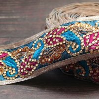 【１０cm単位】 インド 刺繍 リボン レース：水色 　＜クリックポストOK＞