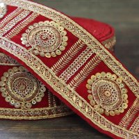 【１０cm単位】 インド 刺繍 リボン レース： レッド　＜クリックポストOK＞