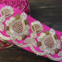 【１０cm単位】 インド 刺繍 リボン レース： ピンク　＜クリックポストOK＞