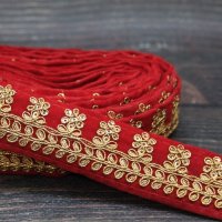 【２０cm単位】 インド刺繍 リボン レース：レッド　＜クリックポストOK＞