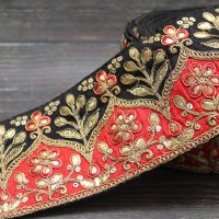 【１０cm単位】 インド刺繍 リボン レース：ブラック＆レッド　＜クリックポストOK＞