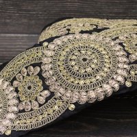 【２０cm単位】 インド刺繍リボン：ブラック＆ゴールド　＜クリックポストOK＞