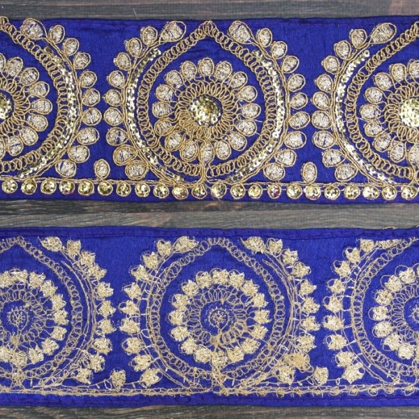 画像2: 【５０cm単位】 インド刺繍リボン：ブルー＆ゴールド　＜クリックポストOK＞