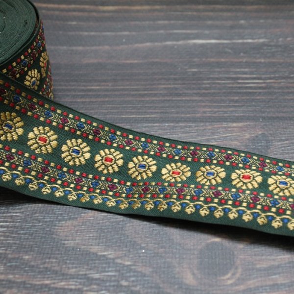 画像1: 【１m単位】インド刺繍リボン：ダークグリーン　＜クリックポストOK＞