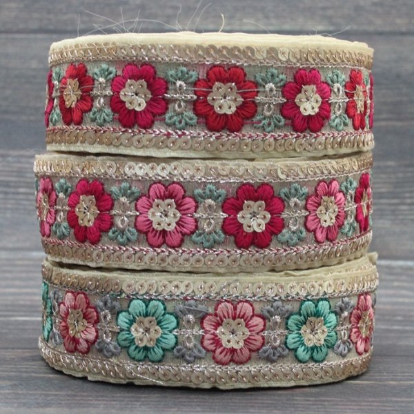 画像1: 【１０cm単位】インド刺繍リボン：花　各カラー　＜クリックポストOK＞