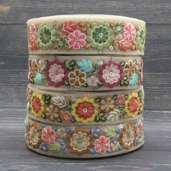 画像1: 【１０cm単位】インド刺繍リボン：花　各カラー　＜クリックポストOK＞
