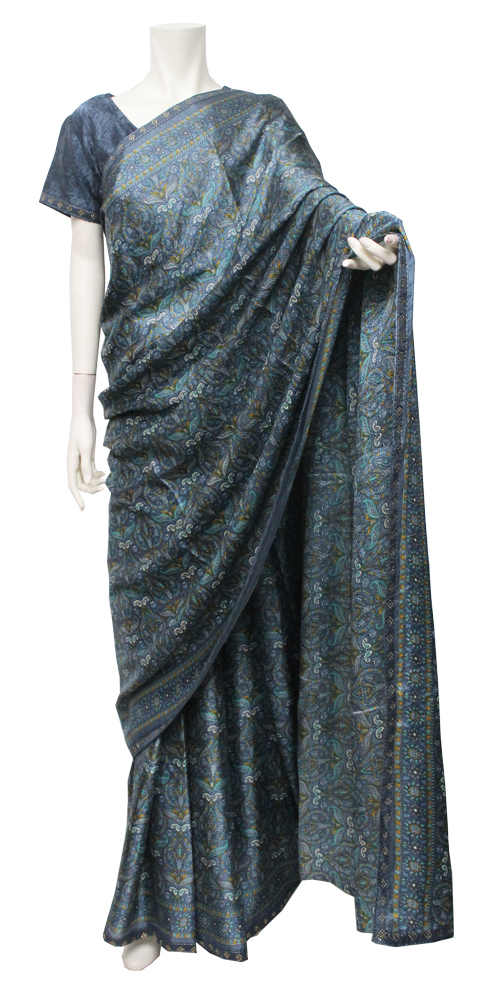 エスニック模様のブルー のサリーアップしました　India