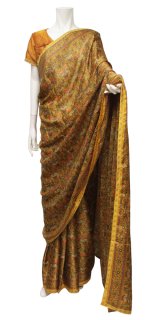 エスニック模様の黄土色のサリー アップしました　India