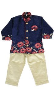 画像1: 子供用　クルタパジャマ　スーツ　９０サイズ相当（インド表記０）：ブルー＆ベージュ (1)
