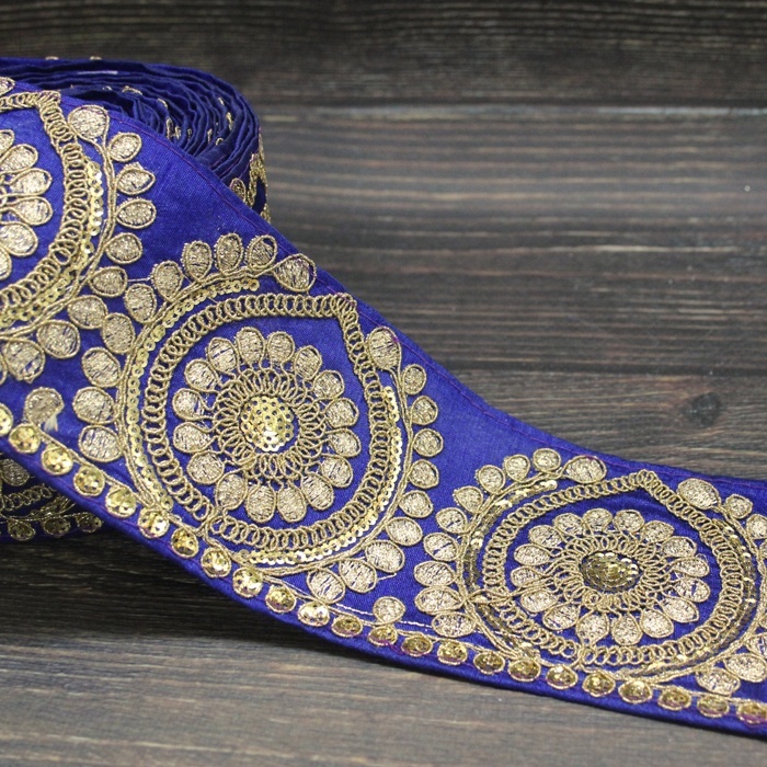 幅 約9.5cm ブルー&ゴールドのインド刺繍リボン India